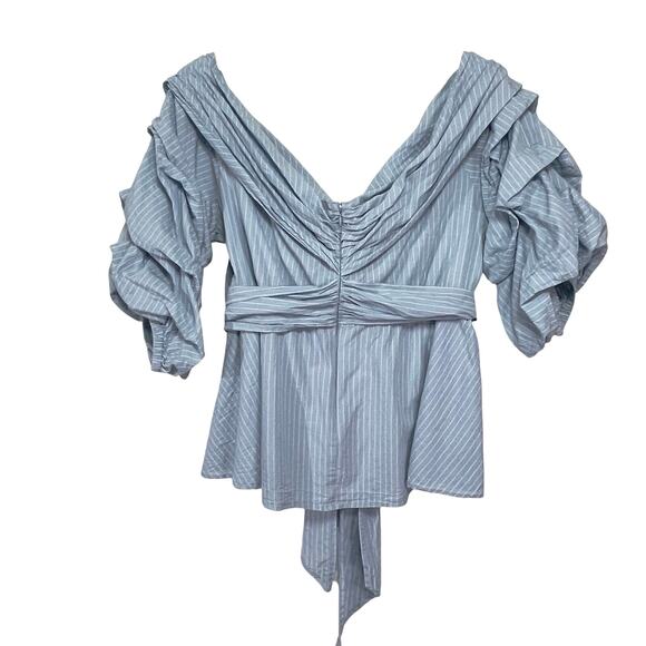 ELOQUII Women’s Blue and White Crisscross Draped Puff Sleeve Top - Picture 3 of 4